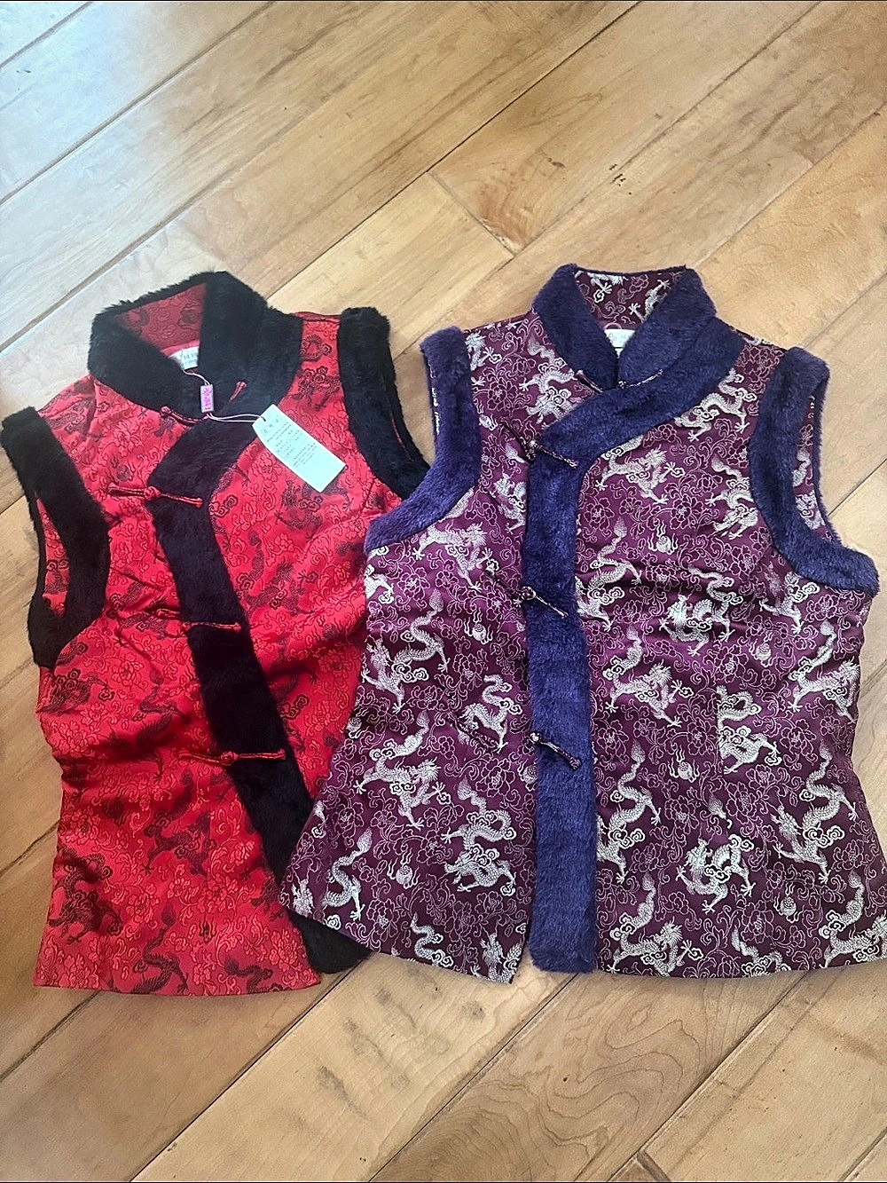 Bundle Finesilk Brocade Faux Fur Trim Vests in Red & Purple NWT